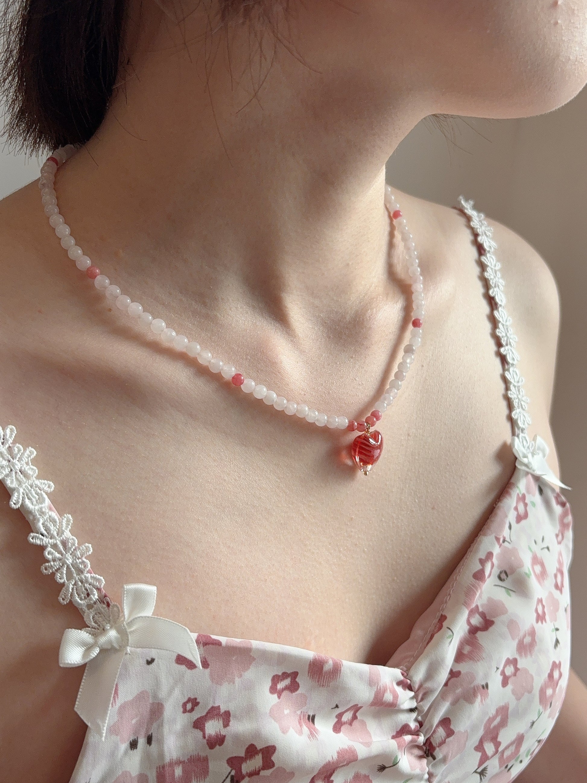 Pink Glass Heart Necklace